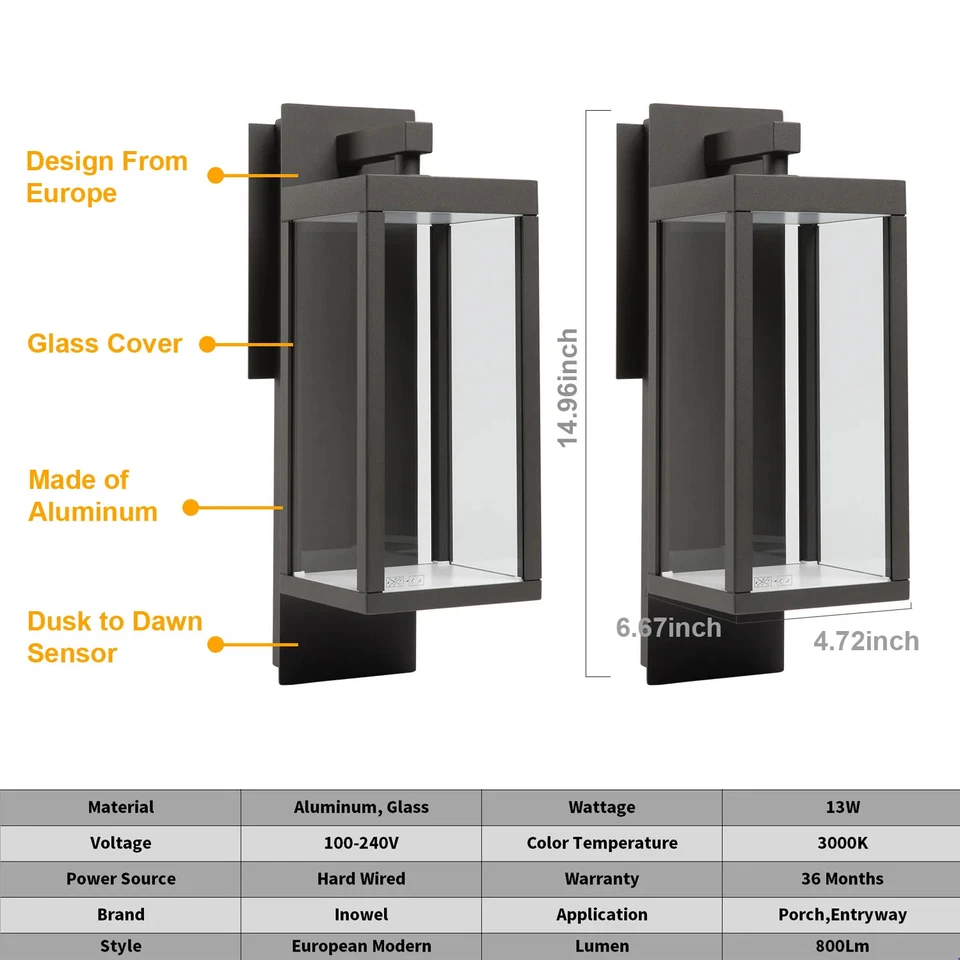 Aplique de pared exterior linterna sensor de anochecer a amanecer 13W 800Lm Foto 2 de 4