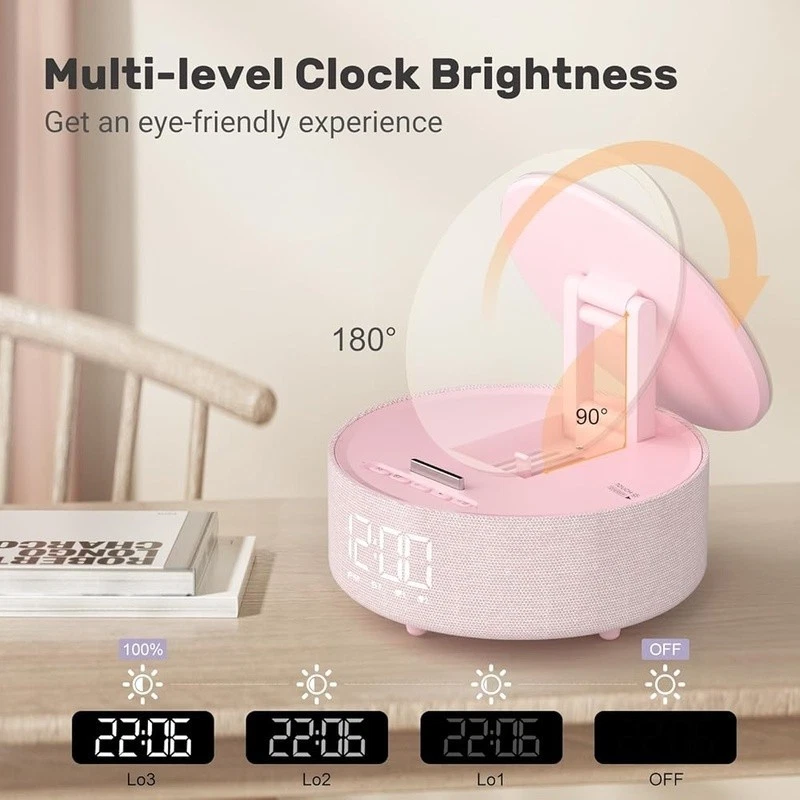 Bluetooth Speaker Wireless Charger Makeup Mirror Alarm Clock LED Night Light New - Image 2 of 2