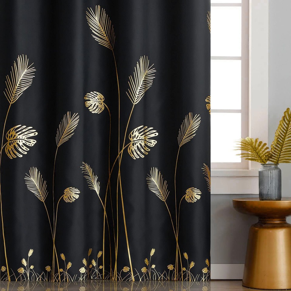 Palm Tree Leaf and Wheat Blackout Curtains Thermal Insulated Gold Print ...