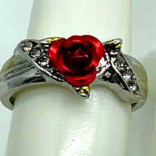 Ring. Silver Tone with Red Rose accented w/clear crystal. size 8