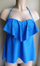 Hula Honey Laser Cut Ruffled Popover Bandeau Tankini Top Medium Blue