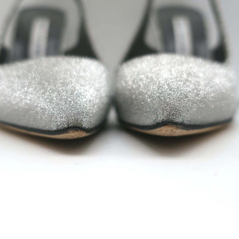 Manolo Blahnik Allura Glitter Slingback Pumps Silver Size 38.5 Pointed Toe Heels - Image 4 of 4
