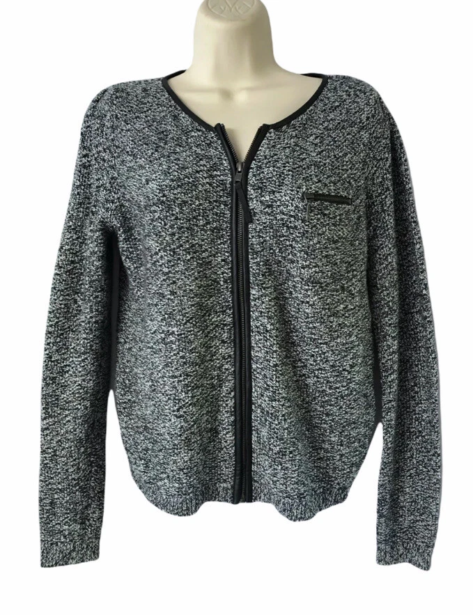 Trouve Womens Sz XS Silver Sparkle Cardigan Sweater Faux Leather Trim Full Zip