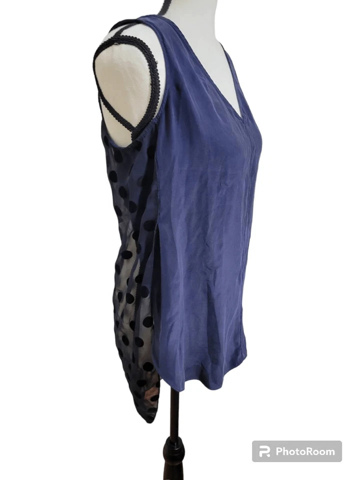 DEREK LAM Crosby Sz 6 Navy Silk Polka Dot Silk Sleeveless Blouse - Image 2 of 4