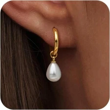 Pearl Earrings for Women, Trendy 14k Gold Plated  Dangle  Hoop Huggies Earrings
