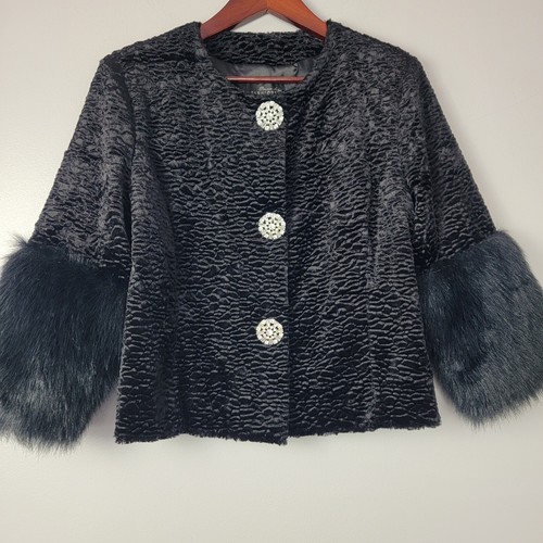 Donna Salyers Fabulous Furs Faux Persian Lamb Coat Jacket Rhinestone Buttons SzM - Picture 2 of 10