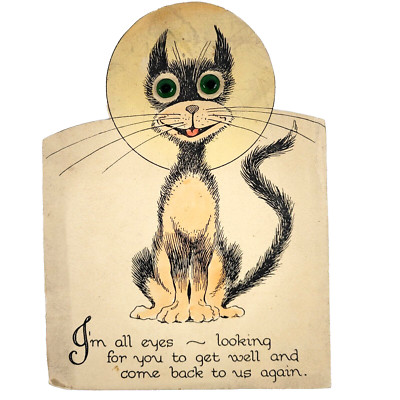 Creepy Cartoon Alley Cat Get Well Card Stand Up Green Glass Eyes Full Moon VTG