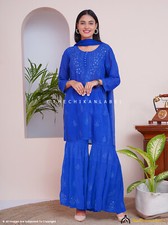Blue Haya Viscose Chikankari Kurta Set Lucknowi Hand Embroidered for Festive