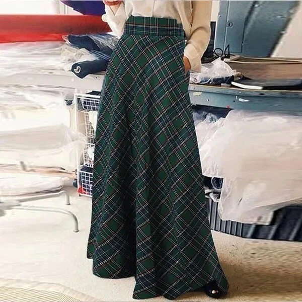 Maxi Vestido Falda Vintage Damas Suelto Plus Mujeres Cuadros Tartán Largo Foto 2 de 4