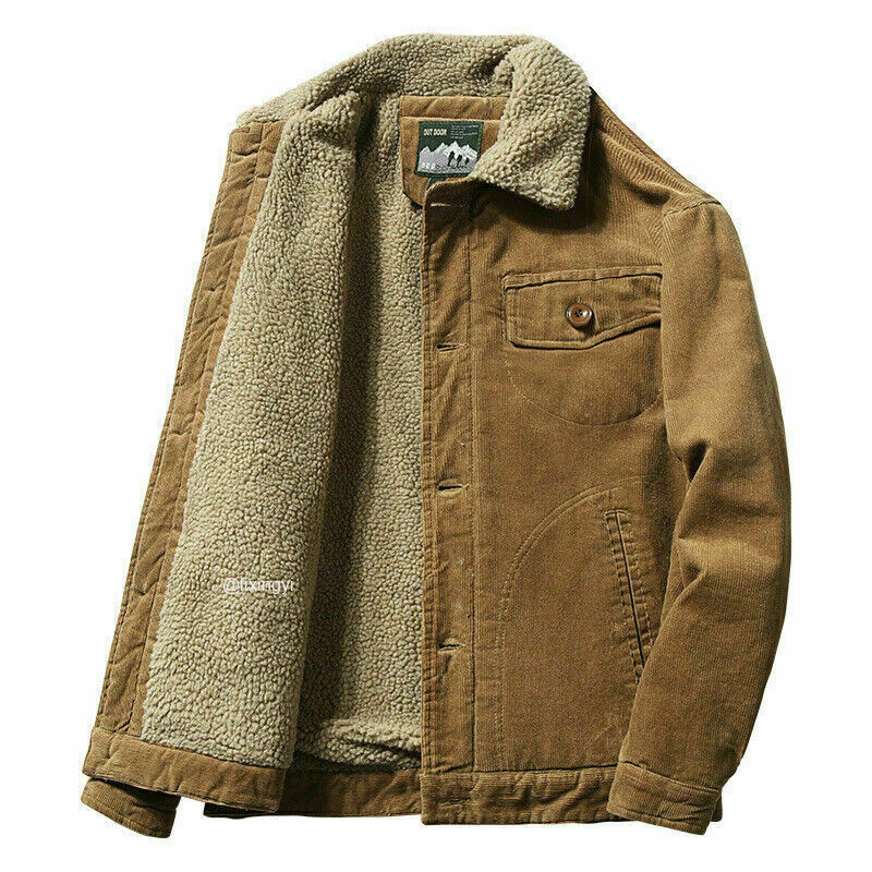 Retro Men's Corduroy Sherpa Trucker Jacket Fur Fleece Lined