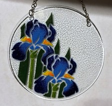 Fused Glass Blue Iris 6" Diameter Suncatcher, Signed by Artist