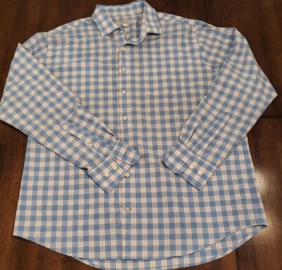 Peter Millar Summer Comfort L/S Button Down Shirt Light Blue Plaid Men's XLarge