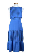 Joseph Ribkoff Aegean Sea Polka Dot Sleeveless Dress 6 Blue Tiered EUC Midi