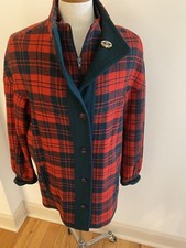 Branigan Weavers Ireland 100% Wool Plaid Coat Zip Button Womens M Red Green Pin