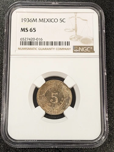 1936 M MS65 Mexico 5 Centavos UNC KM 423 NGC 1st Year Type Coin