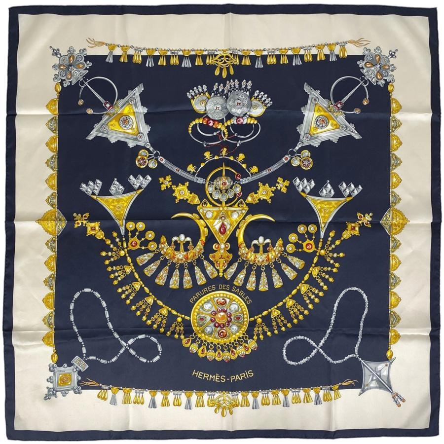 Hermes Carre 90 Parures Des Sables Silk Scarf Black Multicolor Desert Jewelry Design