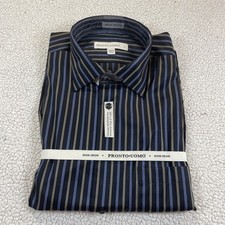 Pronto Uomo Dress Shirt Men L Black Stripe Non-Iron 80s 2-Ply Cotton Button Down