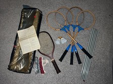 Vintage 5 Blue Ribbon Wood & Leach Top Seed Badminton Rackets Set Bag Net Poles