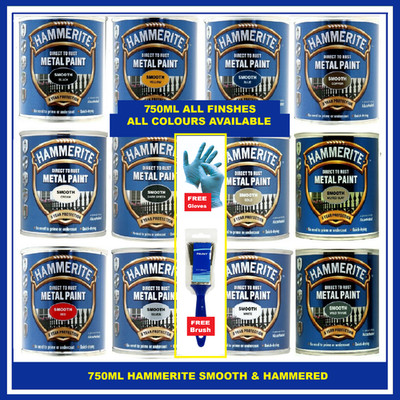 Hammerite - Smooth Direct Metal Paint - ALLE FARBEN 750ML + GRATIS PINSEL & HANDSCHUHE