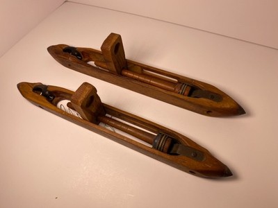 Antique Textile Weaving Loom Shuttle Boat Bobbin Wood Brass Draper (Set of 2)