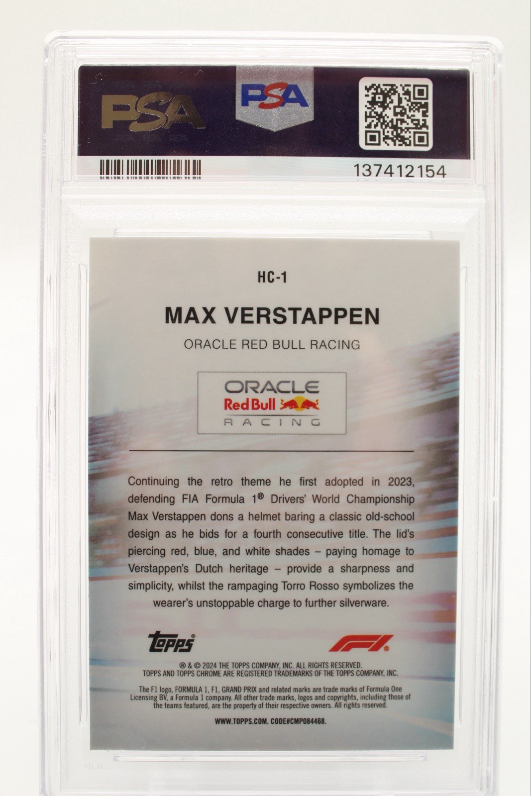 2024 Topps Chrome Formula 1 Max Verstappen Helmet Collection HC-1 PSA 9 Red Bull view 2