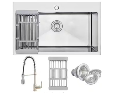 AKDY Handmade All-in-One Drop-in Stainless Steel 30 in. x 18 in. 1-Hole Sink
