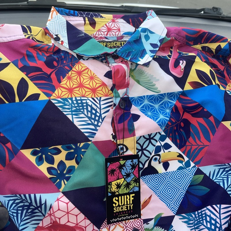 Men's Surf Society Tropical Parrots Flamingo Hawaiian Button Up Sleeve Shirt XL
