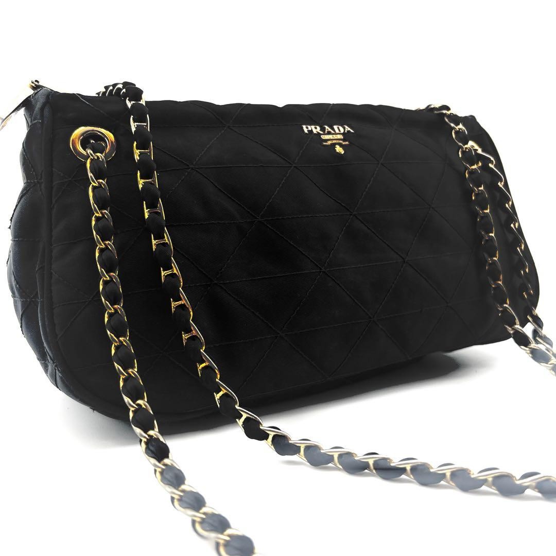 PRADA Shoulder Bag Black Quilting Gold Chain Nylon