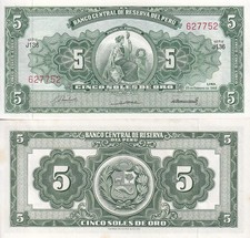 Peru 5 Soles De Oro 1968 P 83 AUnc