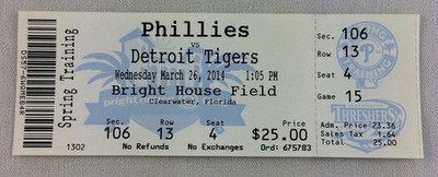 MLB 2014 03/26 Philadelphia Phillies vs. Detroit Tigers Spring Training Ticket