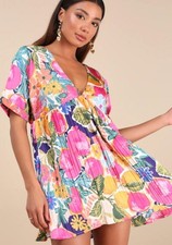 Lulus Express Yourself Pink Multi Floral Print Satin Babydoll Dress
