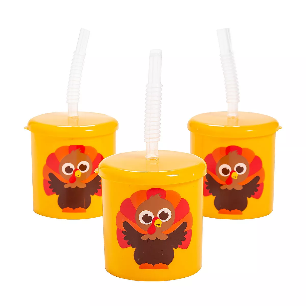 Fun Express Kids' Turkey Reusable Plastic Cups with Lids & Straws - 12 Ct