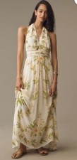 NWT Farm Rio Anthropologie V-Neck Floral Chiffon Maxi Dress Sz L Floral Neutral