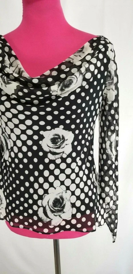 JS Collection 8 码女式黑色白色圆点花卉圆领衬衫 — 第 3/4 张图片