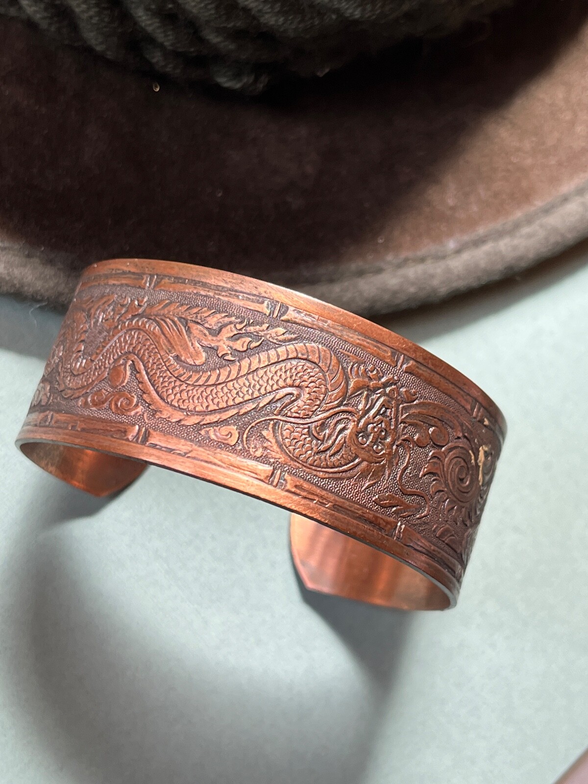 Wide Dragon Etched Solid Copper Cuff Bangle Brace… - image 5