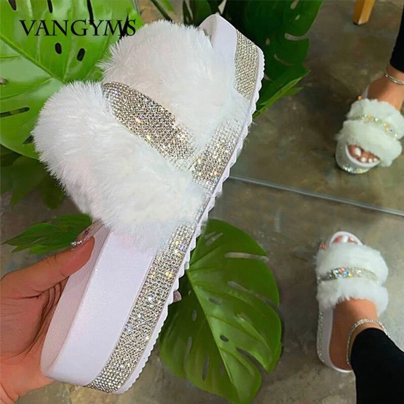 Women Fur Rhinestone Slippers Platform Wedges Heel Fluffy Furry