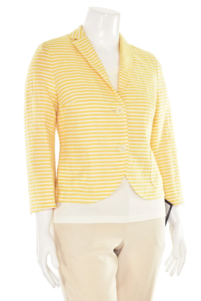 Akris Punto Striped Cotton/Linen Seersucker Jacket Blazer in Yellow/White sz 10 - Image 4 of 4
