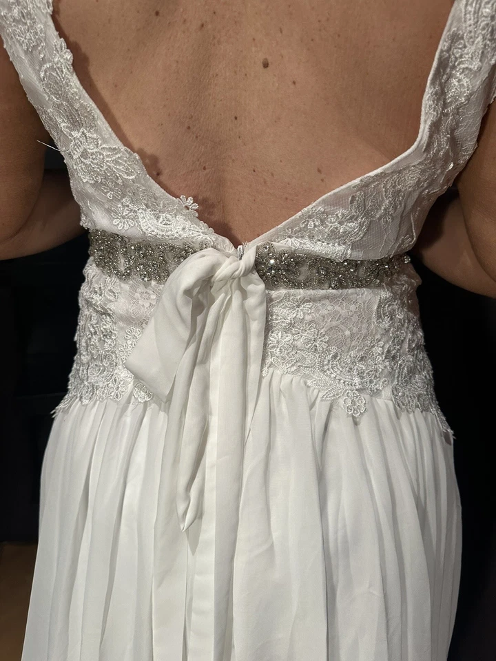 Vestido de novia falda plisada espalda abierta manga gorra encaje blanco TALLA 12 Foto 3 de 4