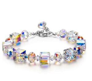 Aurora Borealis Bracelet with Swarovski Crystals 18K White Gold Adjustable 7"-9"