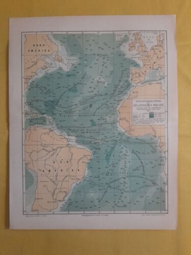 1893 CARTA PROFONDITÀ OCEANO ATLANTICO Mappa Vintage Tedesco COLORE ORIGINALE C11-7 - Foto 1 di 3