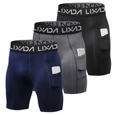 Lixada 3 Packs Men's Compression Shorts with Pocket Moisture-Wicking Shorts I5Z8
