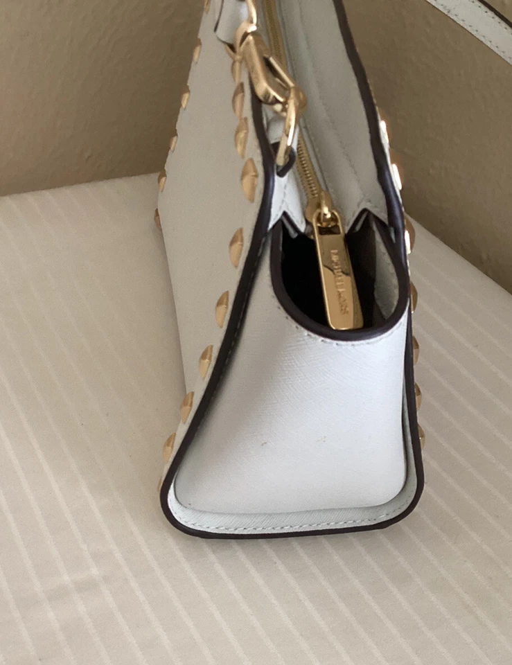 Bolso Bandolera Michael Kors Selma Dorado Tachuelas Cuero Saffiano Blanco $328 Foto 4 de 4
