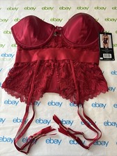 Seven 'Til Midnight Two Pieces Satin And Lace Bustier G-String Set Wine Size L