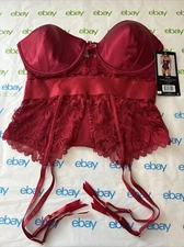 Seven 'Til Midnight Two Pieces Satin And Lace Bustier & G-String Set Wine Size L