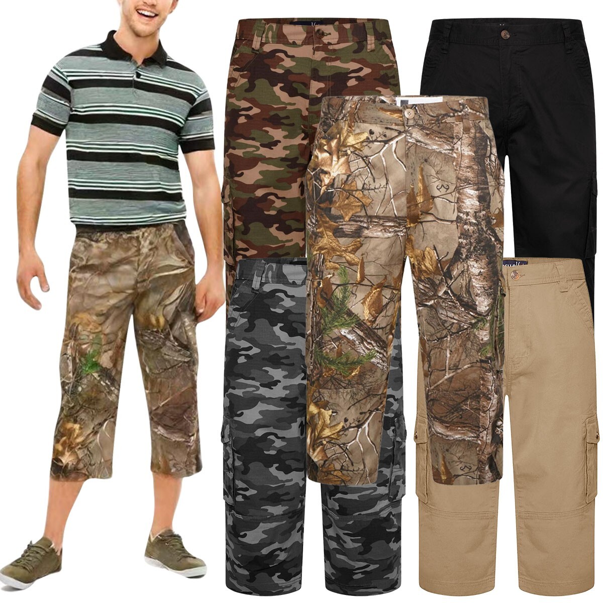 Pantalones Cortos de Verano para Hombres 3/4 Cintura Elástica Carga Combate Tres Cuartos Pantalón de Vacaciones