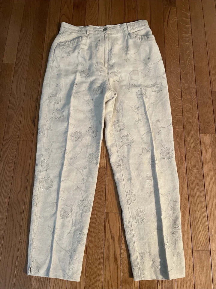 Vintage Talbots Irish Linen Blend Ankle Pant Sz 10 Embroidered Beige Tapered Leg - Image 2 of 4