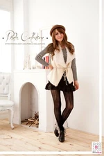 Crochet / Fishnet / Pointelle Tights (Embellished Stripe Pattern- Black)