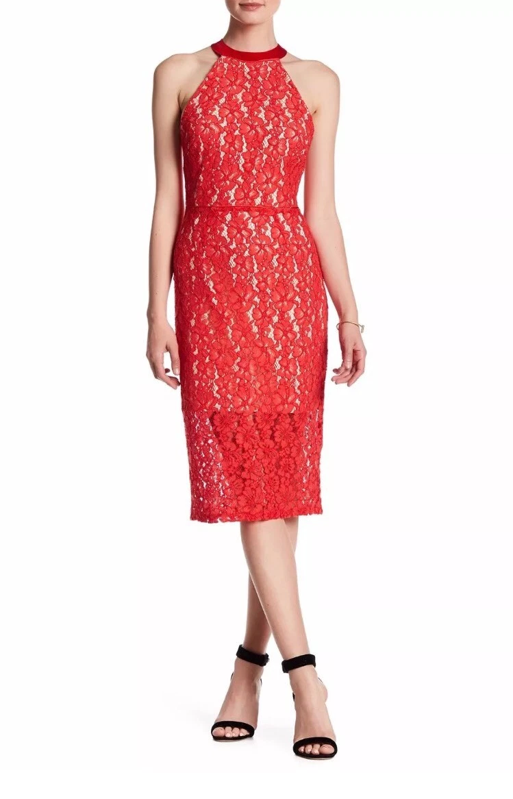 NWT ABS COLLECTION Sz 2 RED FLORAL LACE MIDI DRESS RED FLAME NUDE