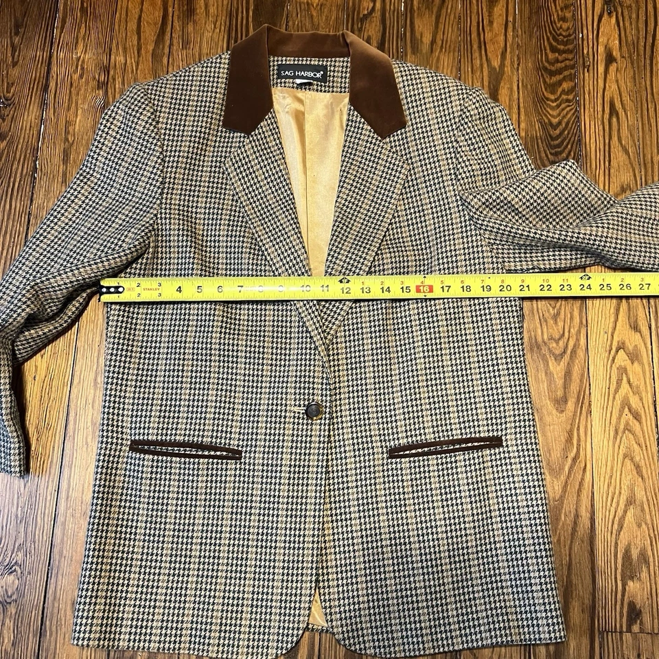 Blazer de pata de gallo marrón de colección para mujer, talla 10, mezcla de lana, detalles de gamuza, preppy Foto 3 de 4