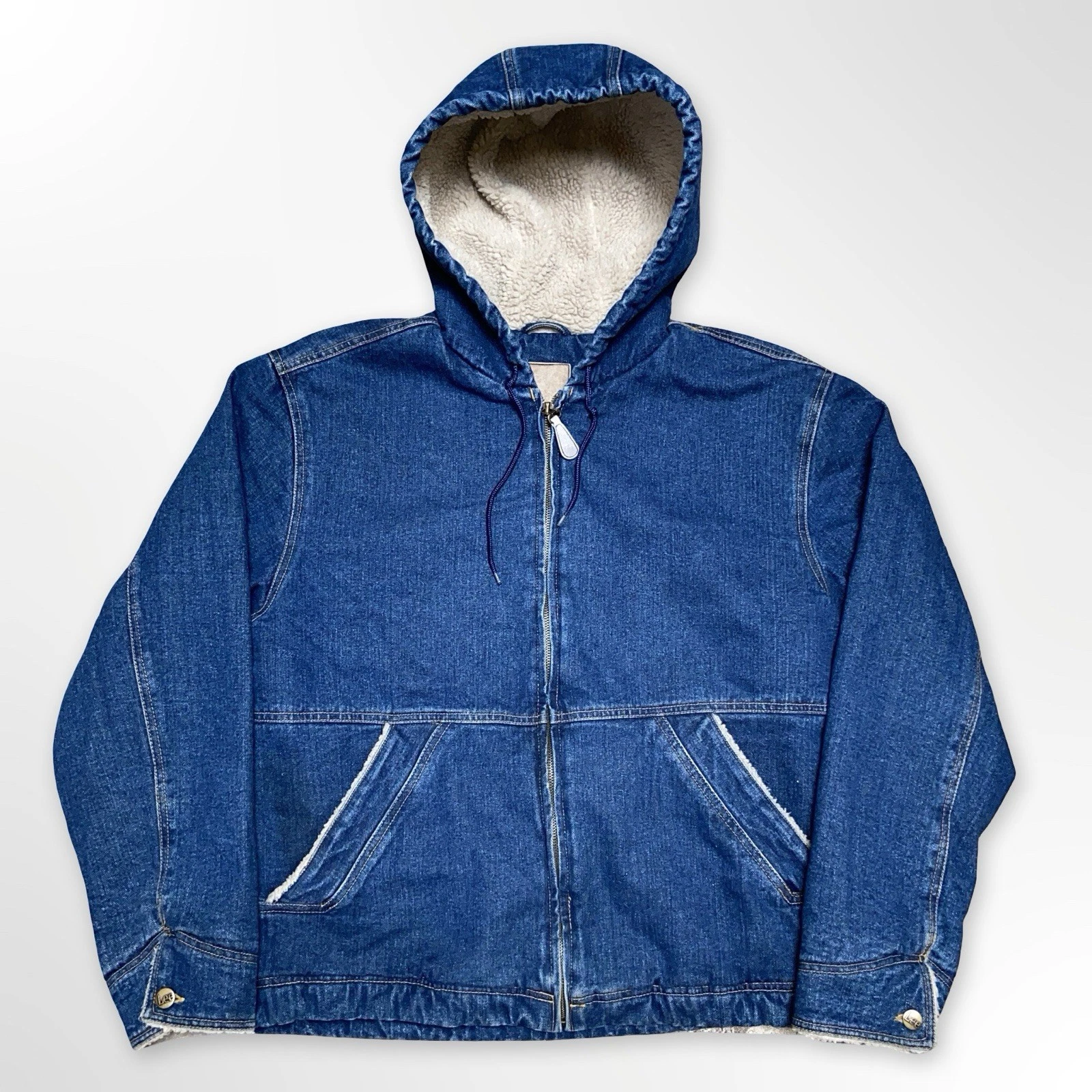 Vintage Lee Jean Jacket Full Zip Hooded Sherpa Lined Mens Size M Blue Denim